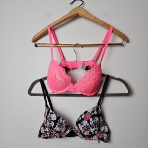 Set Of 2 PLBY Fredericks Of Hollywood Padded Bra Pink Lace‎ Black Floral 32A NWT